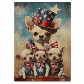 Mother Chihuahua with Three Puppies in Patriotic Outfits Oil Painting on Ready to Hang 1.5" Thick Canvas Wrap, Floating Framed Canvas, Flat Rolled Canvas